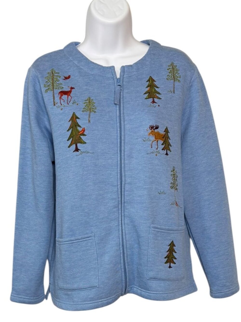 Breckenridge Petite Woodland Embroidered Zip Jacket Deer Moose Blue Cottagecore